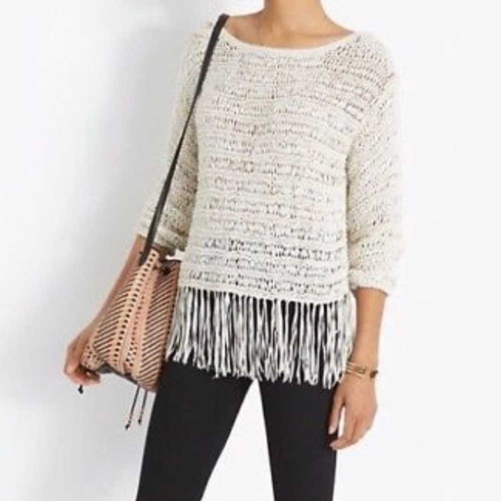 Intermix Celeste beige fringe off shoulder sweater